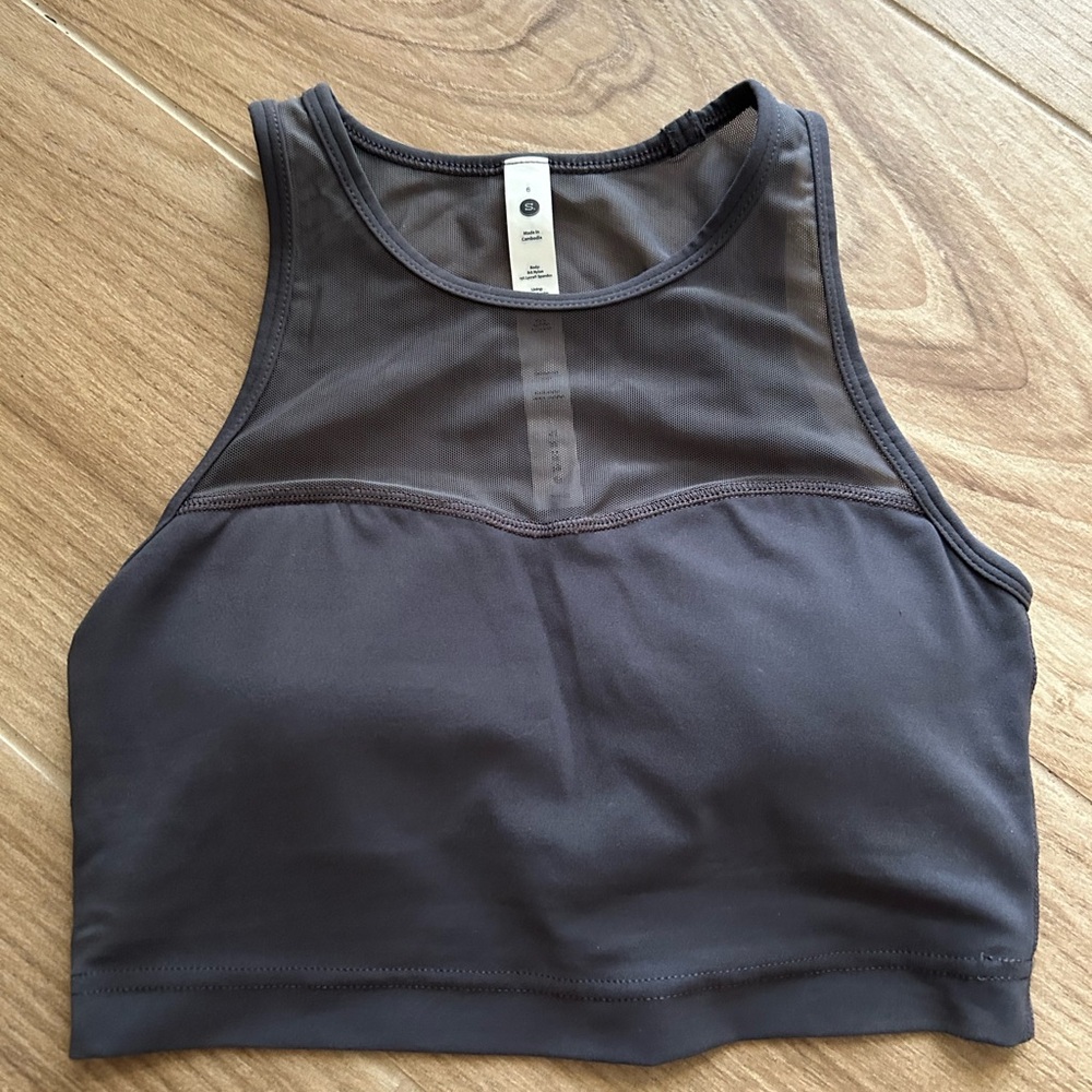 High-Neck Grey Sports Bra with Mesh Panel